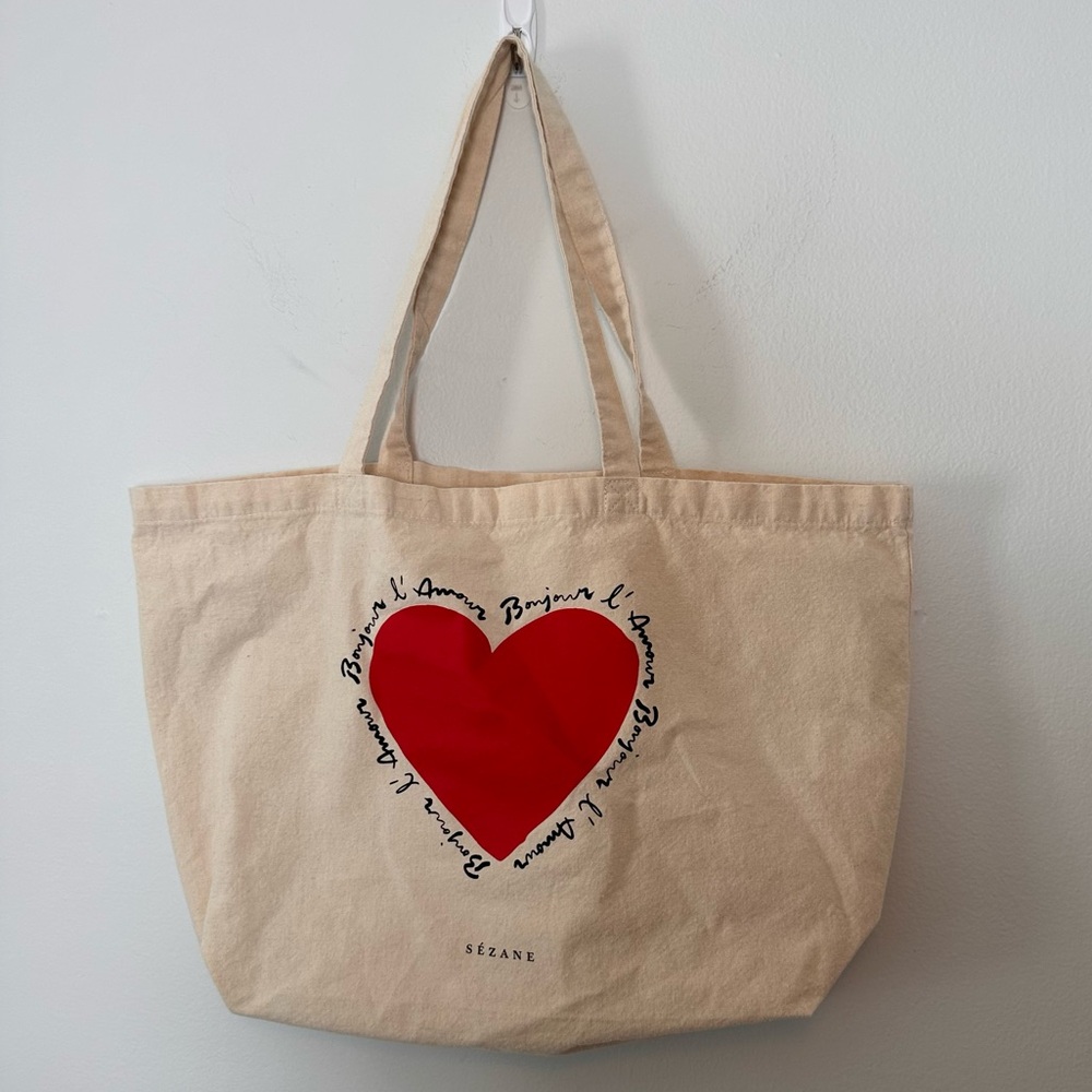 Sézane Bonjour L’Amour Organic Cotton Canvas Tote Bag Red Heart Graphic OS